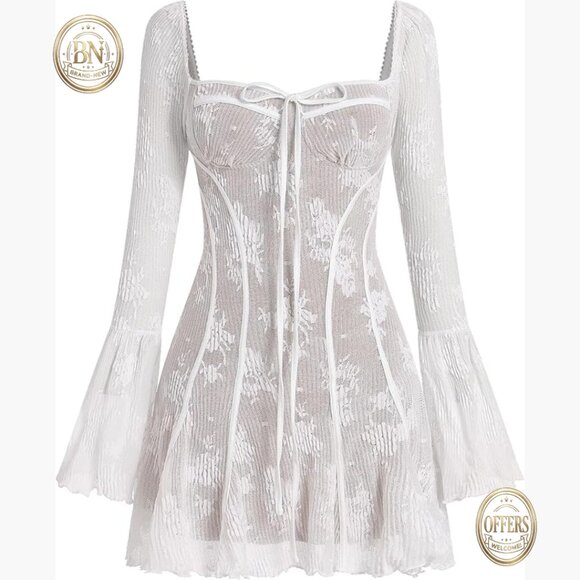 Long Sleeve Corset Mini Dress with Floral Lace and Ruffle Hem